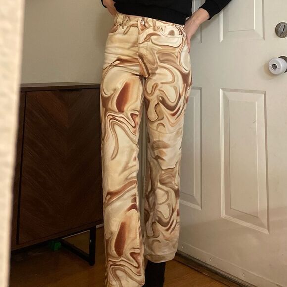 Zara Funky Marbled Flare Jeans Size 26 Cream Brown - Picture 2 of 5